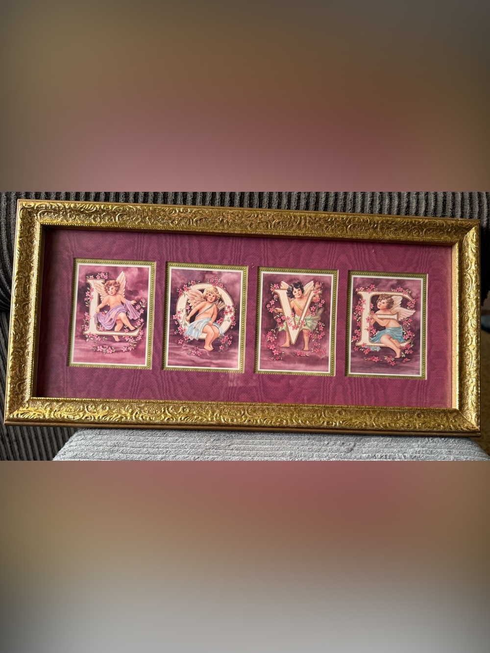 Vintage Gold-Framed Angel Cherub Love Panel Art Print Valentine’s Wall Picture